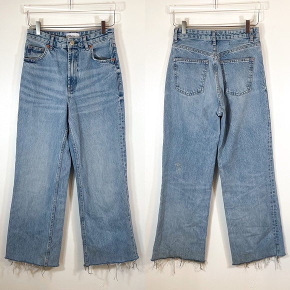 Zara Denim - Zara Wide Leg High Rise Distressed Raw Hem Light Blue Balloon Jeans size US 4
